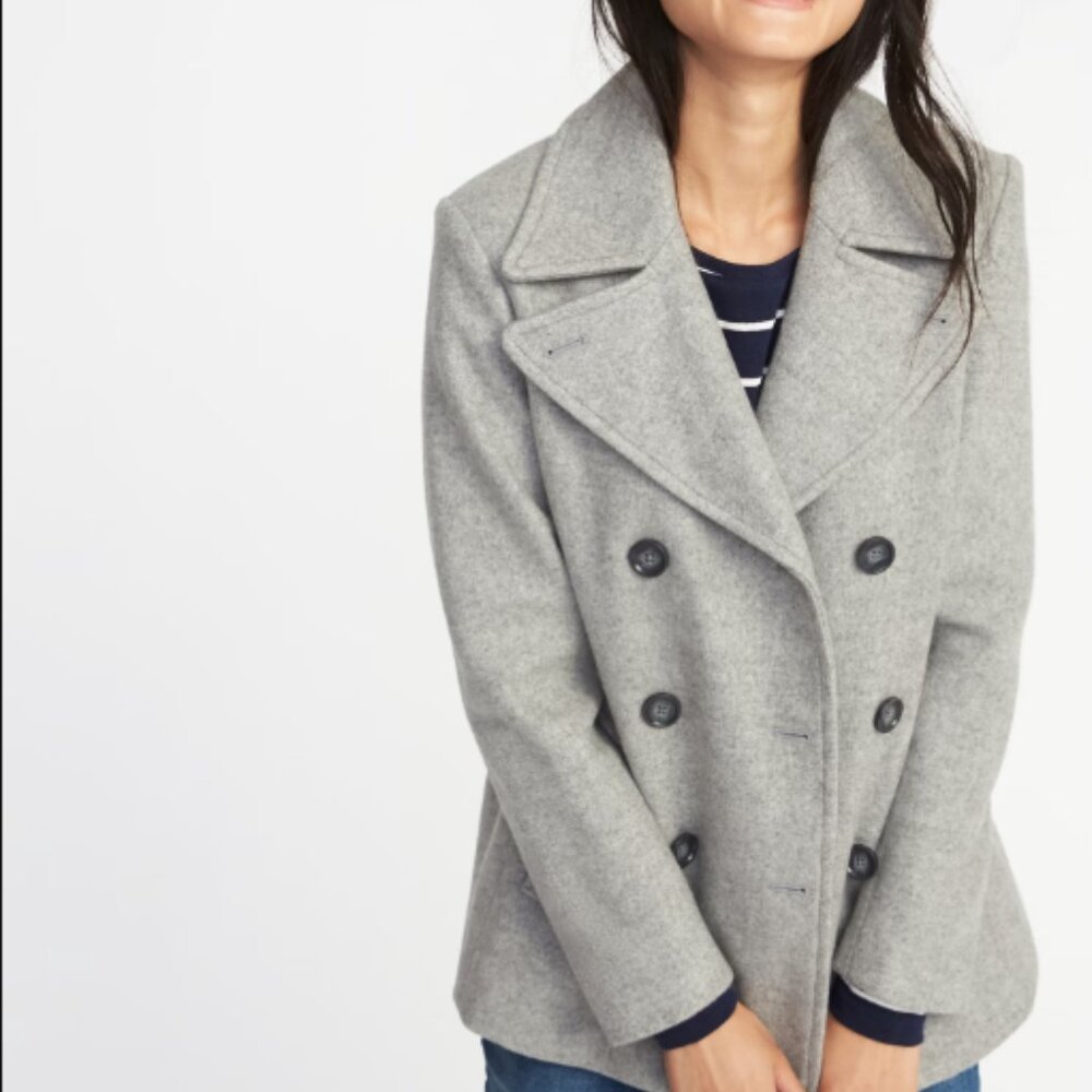 Old Navy Grey Soft Brushed Wool Blend Double Breasted Pea Coat